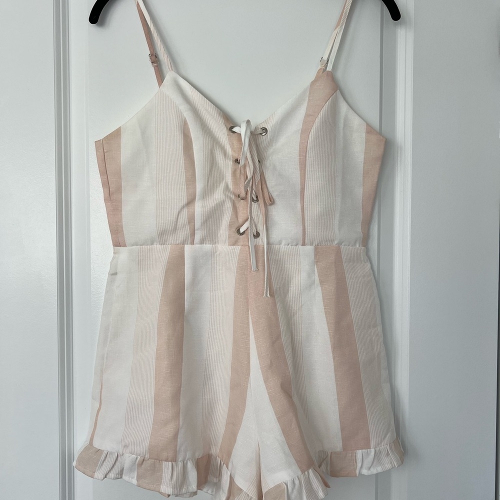 Striped Pink and White Lace-Up Romper